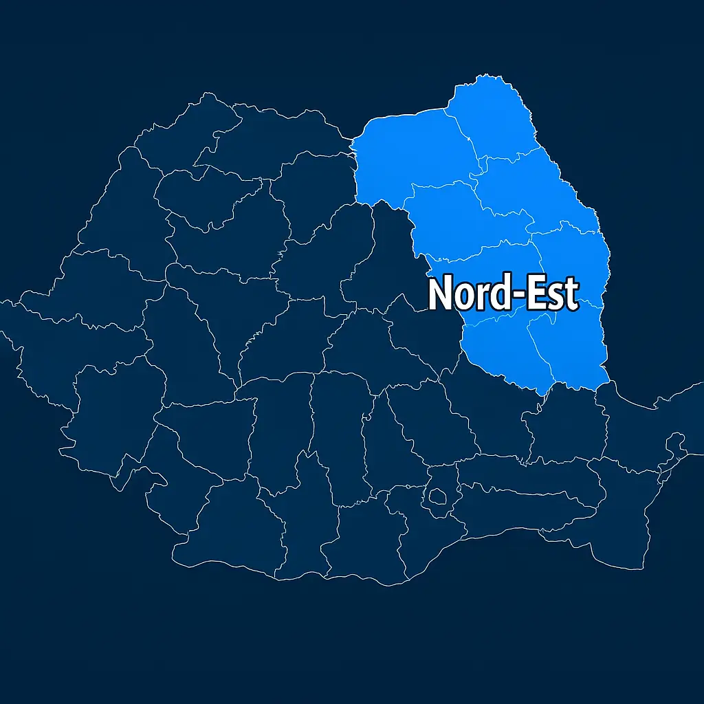 Hartă digitală 2D a României cu regiunea Nord-Est evidențiată în albastru deschis, pe un fundal albastru închis. Granițele județelor sunt trasate cu alb, iar textul „Nord-Est” este plasat central peste regiune.”