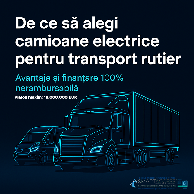 Camion electric și furgonetă conturate în linii neon albastre, pe fundal albastru închis, cu mesaj în română despre avantajele și finanțarea nerambursabilă pentru vehicule electrice de transport rutier