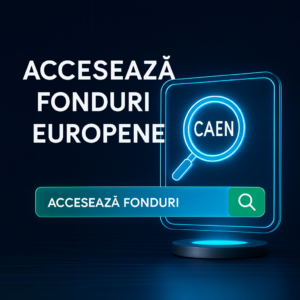 Vizual futurist care ilustrează verificarea rapidă a eligibilității unei firme pentru fonduri europene, pe baza codului CAEN.